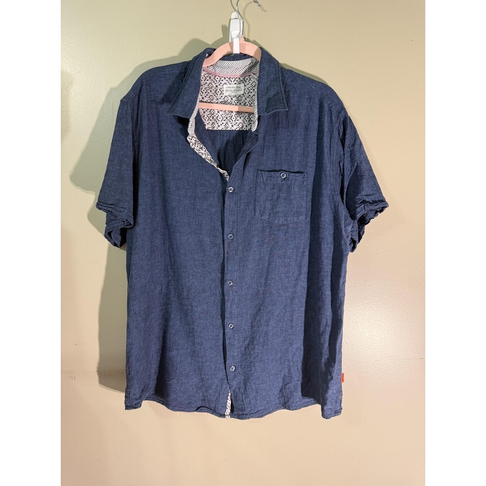 Projek Raw Mens XL Blue Linen Blend Short Sleeve Button Down Shirt Pocket 140210